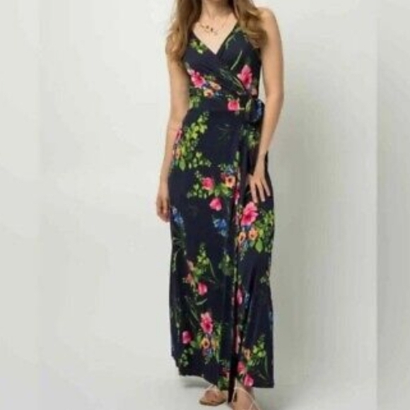 Le Lis | Navy Green Pink Floral Sleeveless Faux Wrap Maxi Dress Size Large - Picture 2 of 7